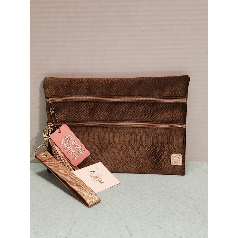 NWT Peachy Keen The Versi Bag Brown Snakeskin Velvet Clutch Wristlet Rose Gold
